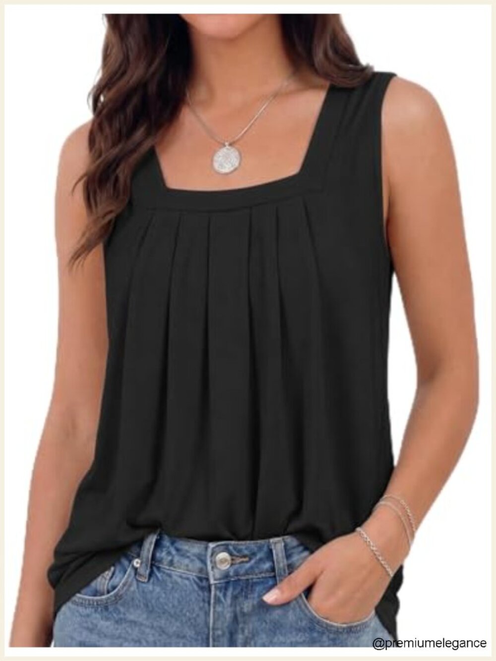 Womens Summer Square Neck Pleated Sleeveless Tank Top Wide Strap Flowy Regular